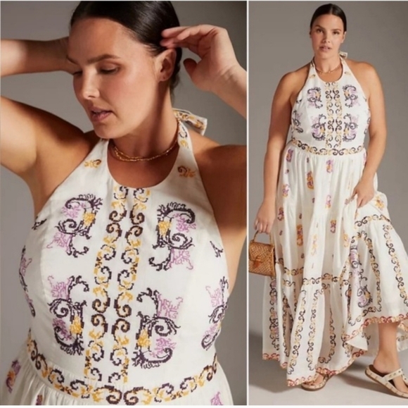 NWT Anthropologie Embroidered Halter Maxi Dress Size 12 In Ivory - Picture 2 of 14